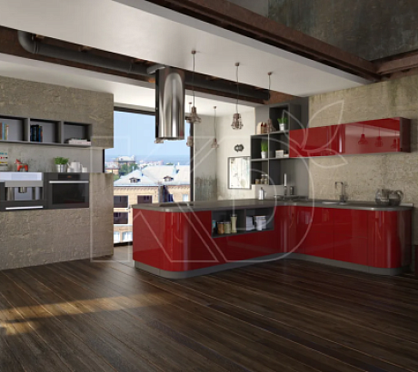 Стильная кухня с красно-белыми фасадами